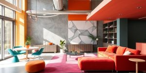 Tendințe moderne în design interior, culori vibrante și mobilier.