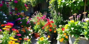 Grădină urbană plină de flori și plante verzi.