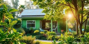 Casă verde cu plante și panouri solare în soare.