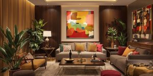 Cameră de zi modernă cu mobilier elegant și decorațiuni