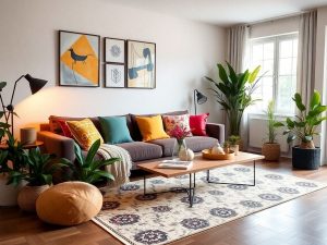 Camera amenajată cu mobilă modernă și plante decorative.