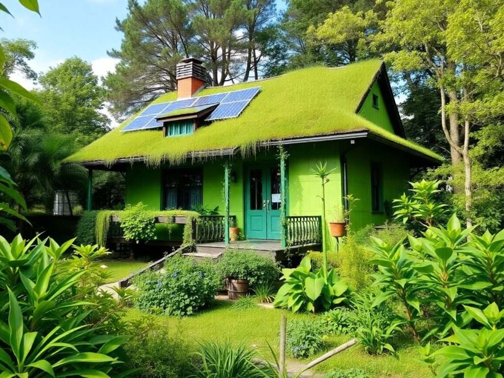 Casa verde inconjurată de plante și copaci.