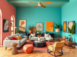 Tendințe de design interior 2025, culori și mobilier modern.