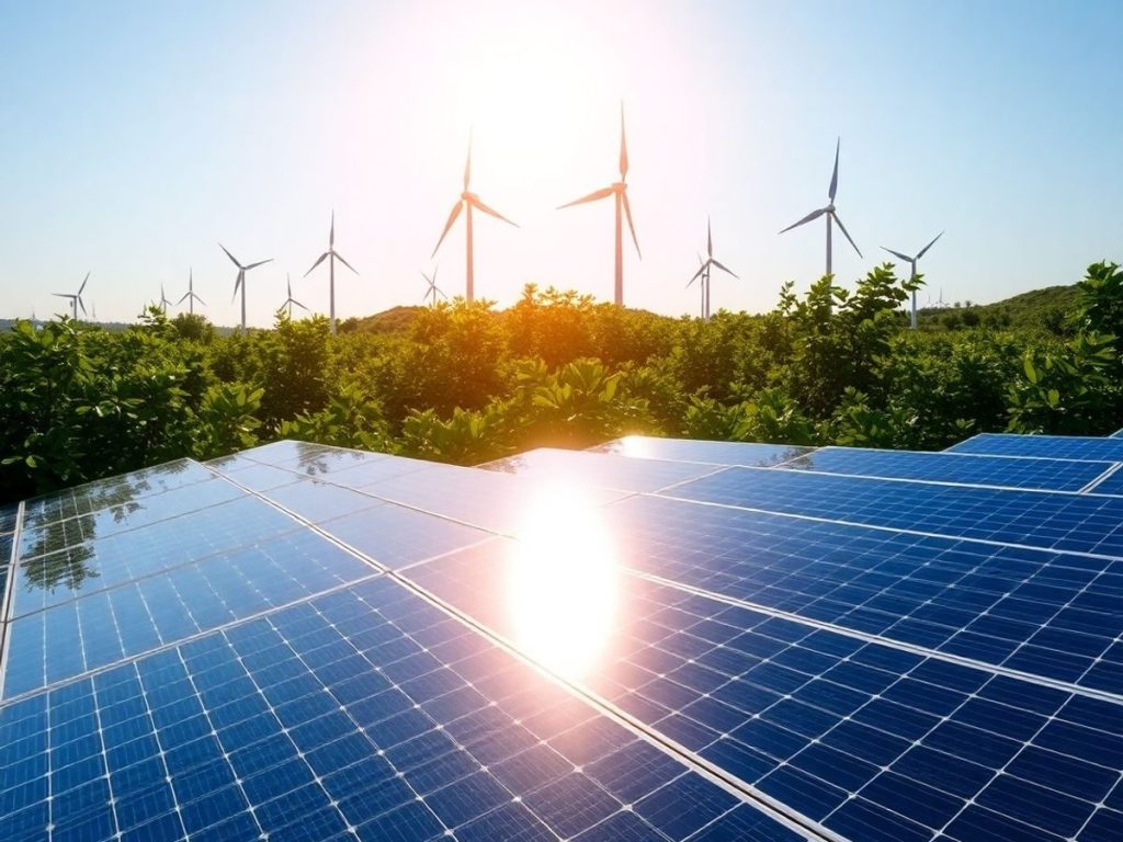 Panouri solare și turbine eoliene într-un peisaj verde.