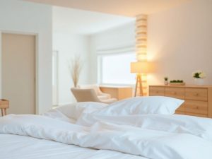 Dormitor modern, pat confortabil, iluminat ambiental, decor minimalist.