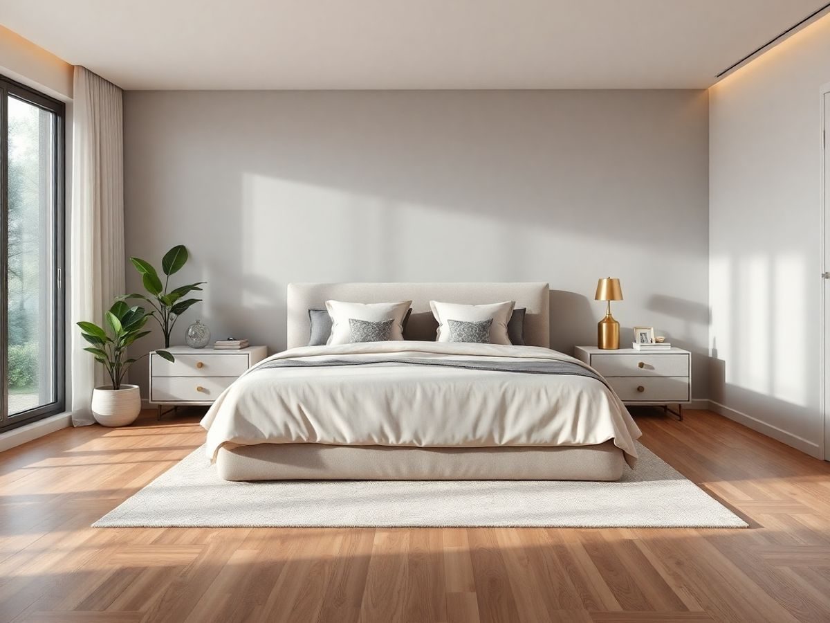 Dormitor modern cu pat king-size, plante, lumină caldă și accente