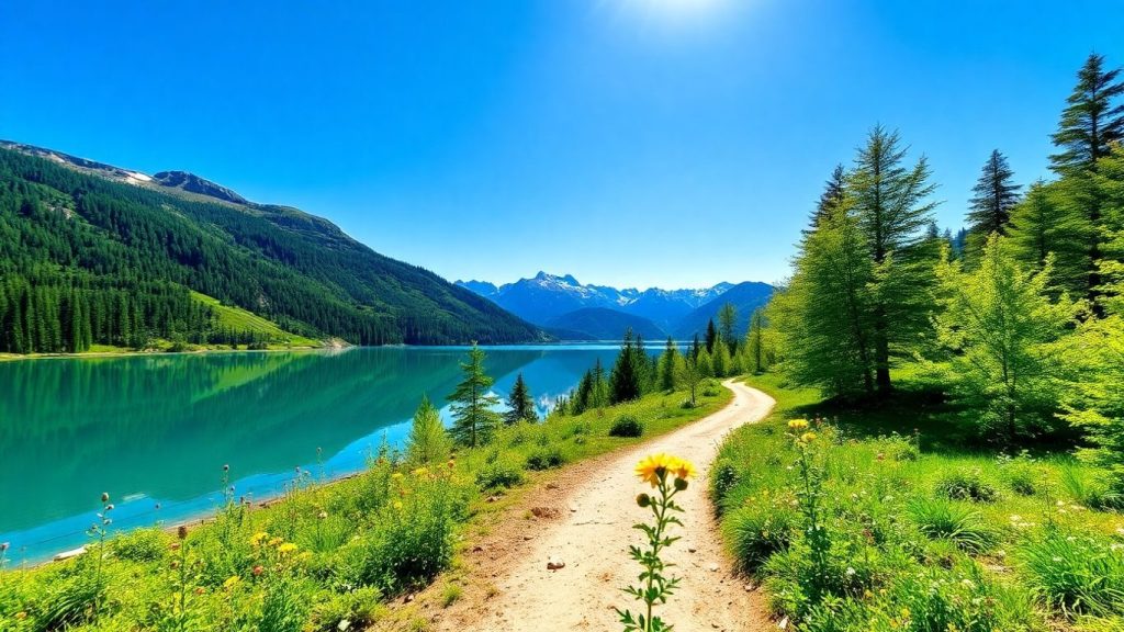 Peisaj montan cu lac albastru și pădure verde.