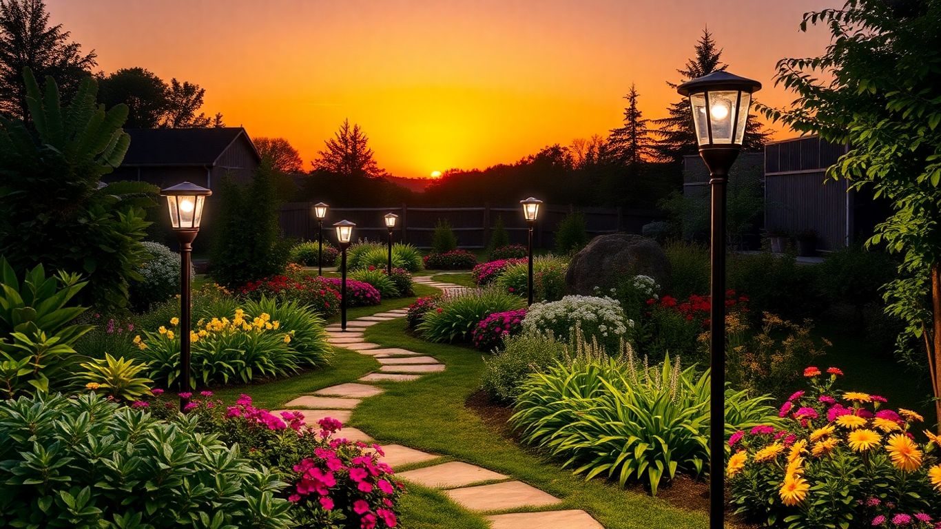 Iluminat solar modern într-o grădină la apus